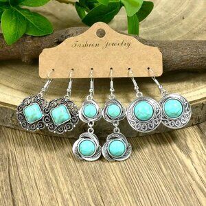 3pr Turquoise Dangle Earrings Silver Gypsy Boho Hippie Native Southwest Stylish